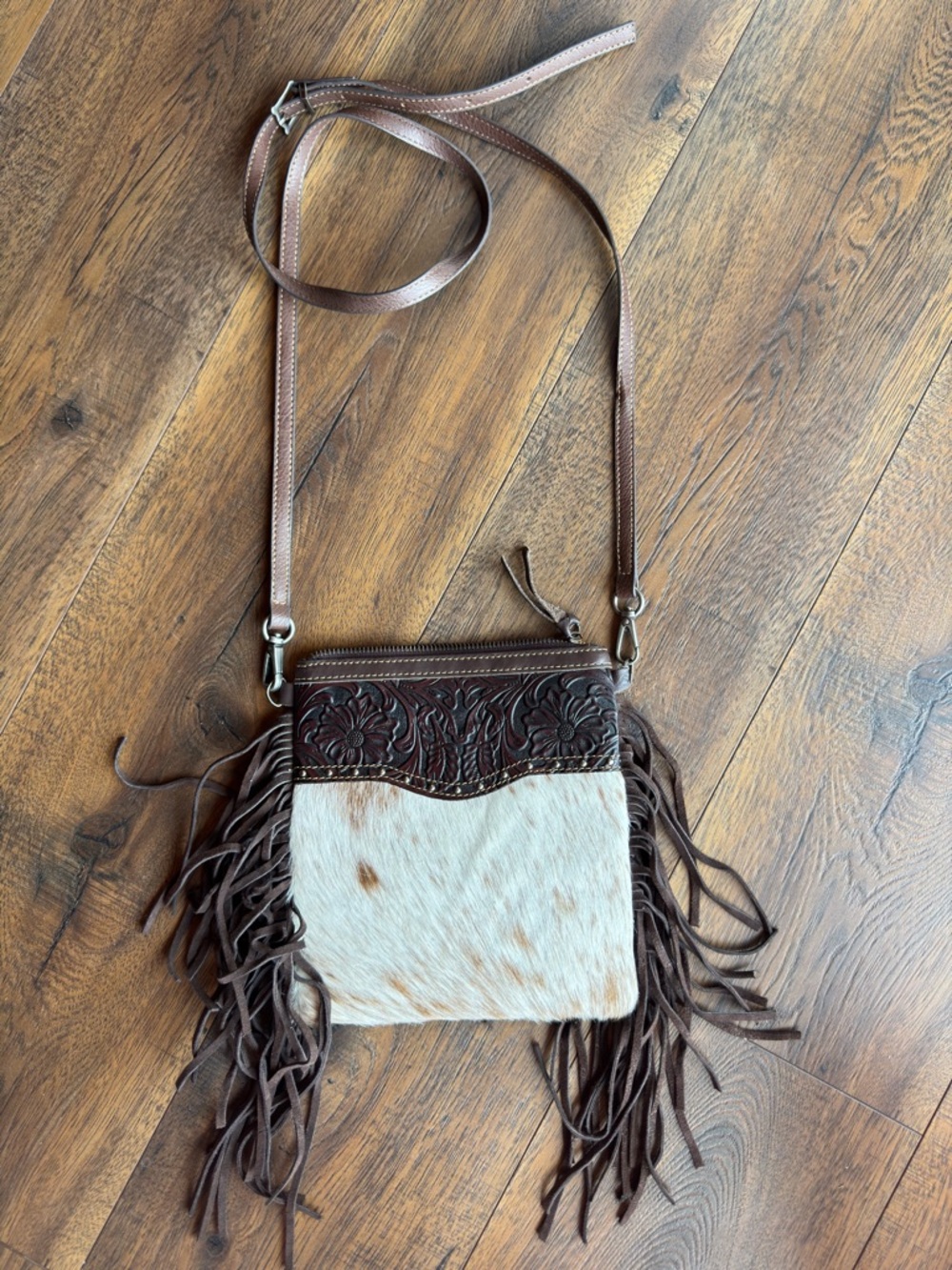 Myra Bag Brown and Cream Fringed Crossbody